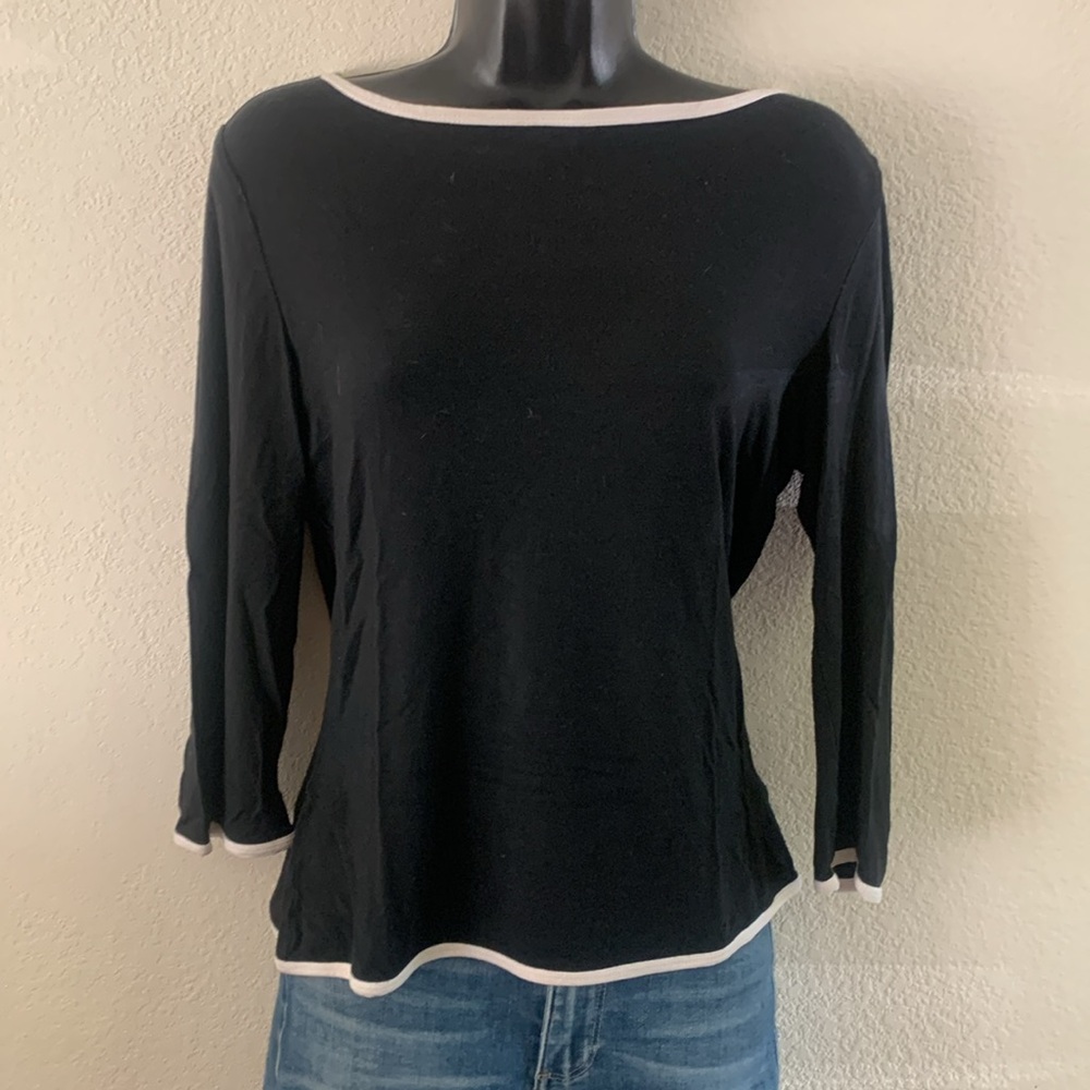 St John Top Size Small 3/4 Sleeve Black Cream Knit Tee T-shirt Quiet luxury